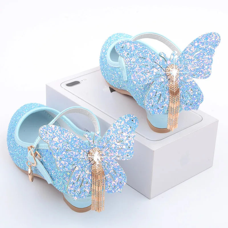 New Kids Leather Shoes Fashion Fringed Butterfly Knot Girls Princess Shoes Casual Glitter Children High Heel Student Dance Shoes