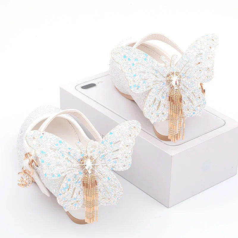New Kids Leather Shoes Fashion Fringed Butterfly Knot Girls Princess Shoes Casual Glitter Children High Heel Student Dance Shoes