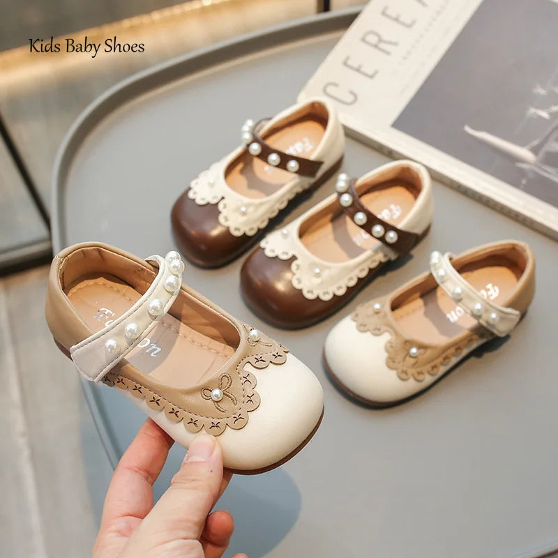 2024 Girls' PU Leather Shoes New Baby Beige Brown Loafer Little Princess Flats Spring Soft Sole Children's Footwear Size 21-30