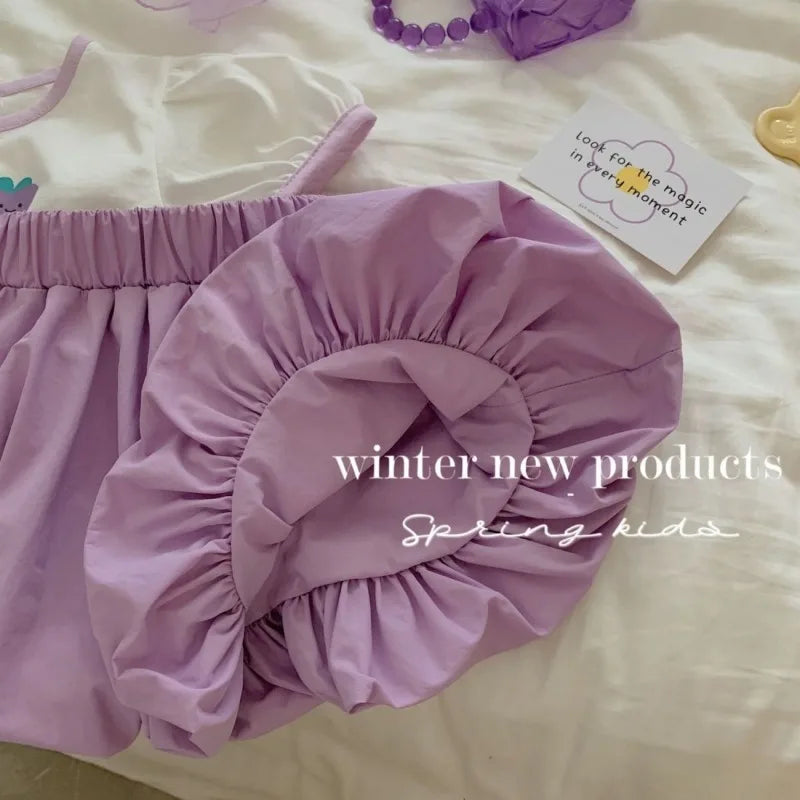 Girls Summer Set 2024 New Baby Girl Purple Shorts +Top Girl T-shirt Two-Piece Suit