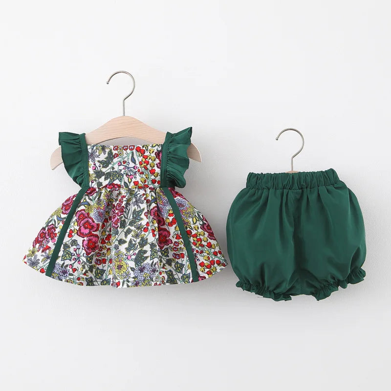 Girls Summer New Set Sleeveless Strap Fragmented Flower Top+PP Pants Two Piece Set Suitable for 0-3 Year Old Babies