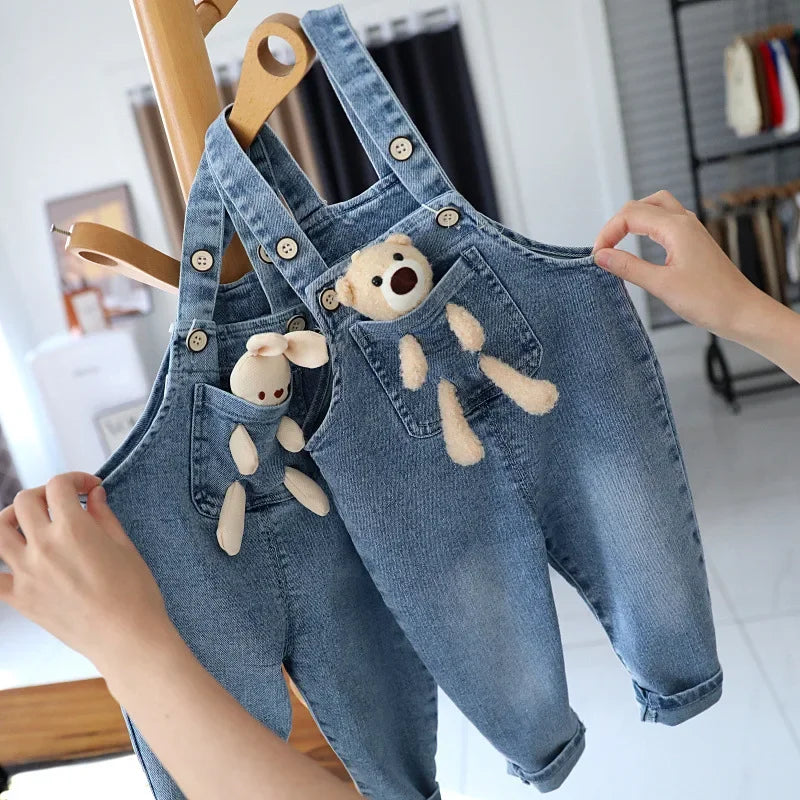 Toddler Boys Girls Dungarees with Doll Overalls for Kids Casual Pants Oversize Loose Jumpsuit Denim Overalls Baby Clothes