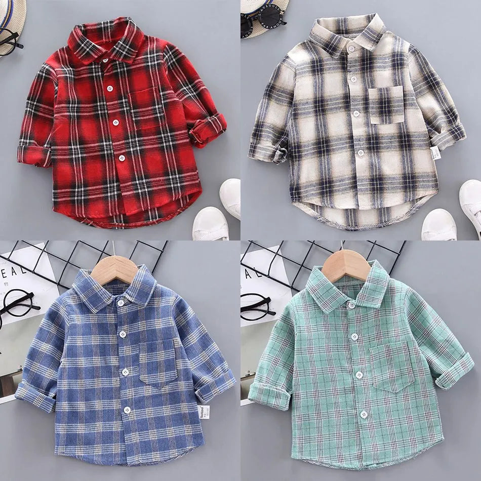 2024 Korean Fashion Children Tops Boys Buffalo Plaid Flannel Shirt Baby Casual Shirt Outerwear Clothes Autumn Girls Blouses 0-5T